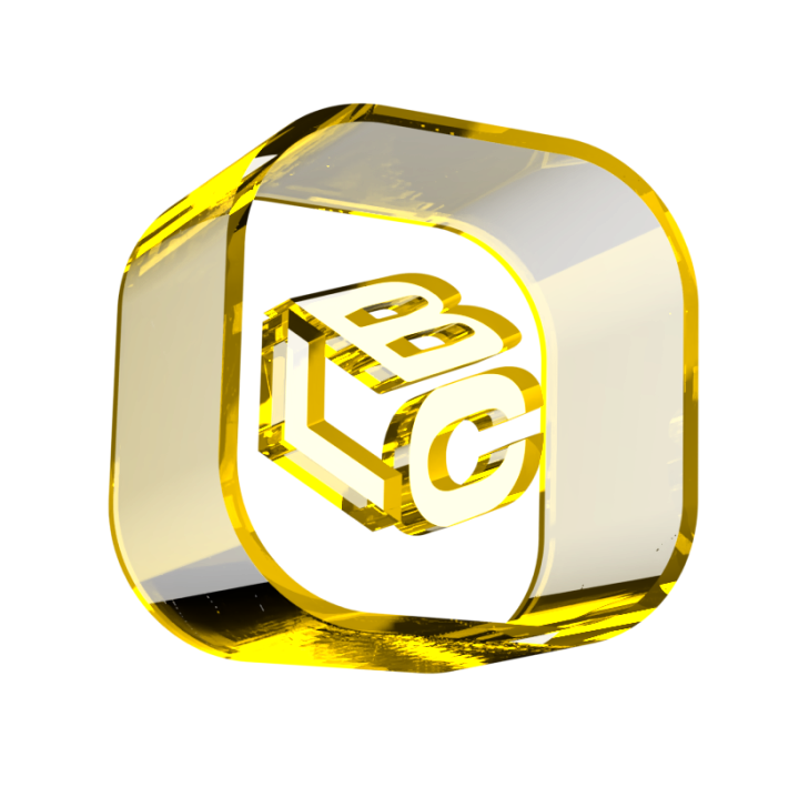 Logo dourado em 3D com as letras LC e B, representando o LCbank