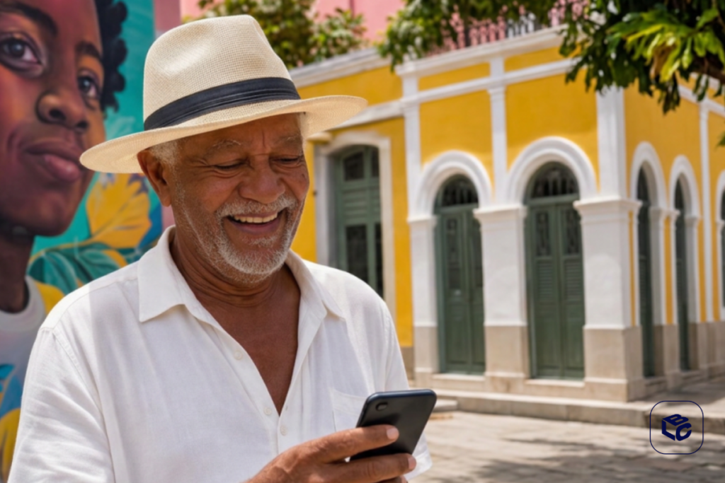 Idoso sorridente com celular em frente a prédio amarelo, associado a precatório INSS.