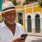 Idoso sorridente com celular em frente a prédio amarelo, associado a precatório INSS.