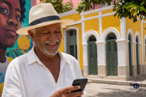 Idoso sorridente com celular em frente a prédio amarelo, associado a precatório INSS.