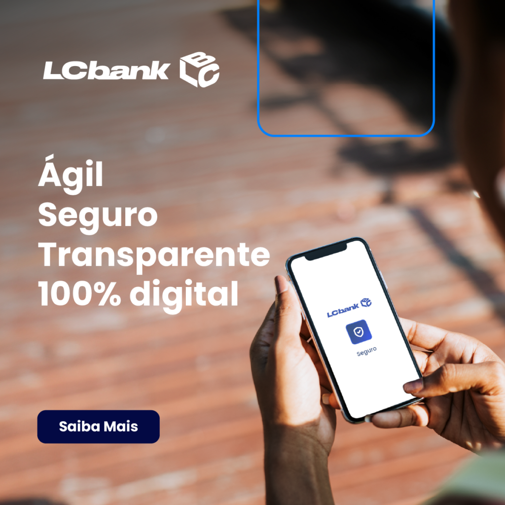 Logo LCbank e celular com app de seguro digital. Texto: Ágil, Seguro, Transparente, 100% digital.