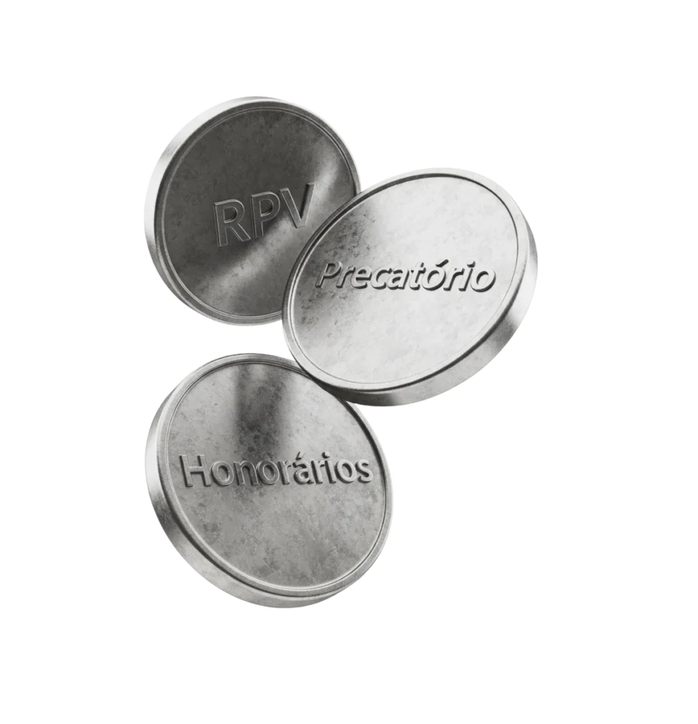 Moedas de metal com os dizeres RPV, Precatório e Honorários.
